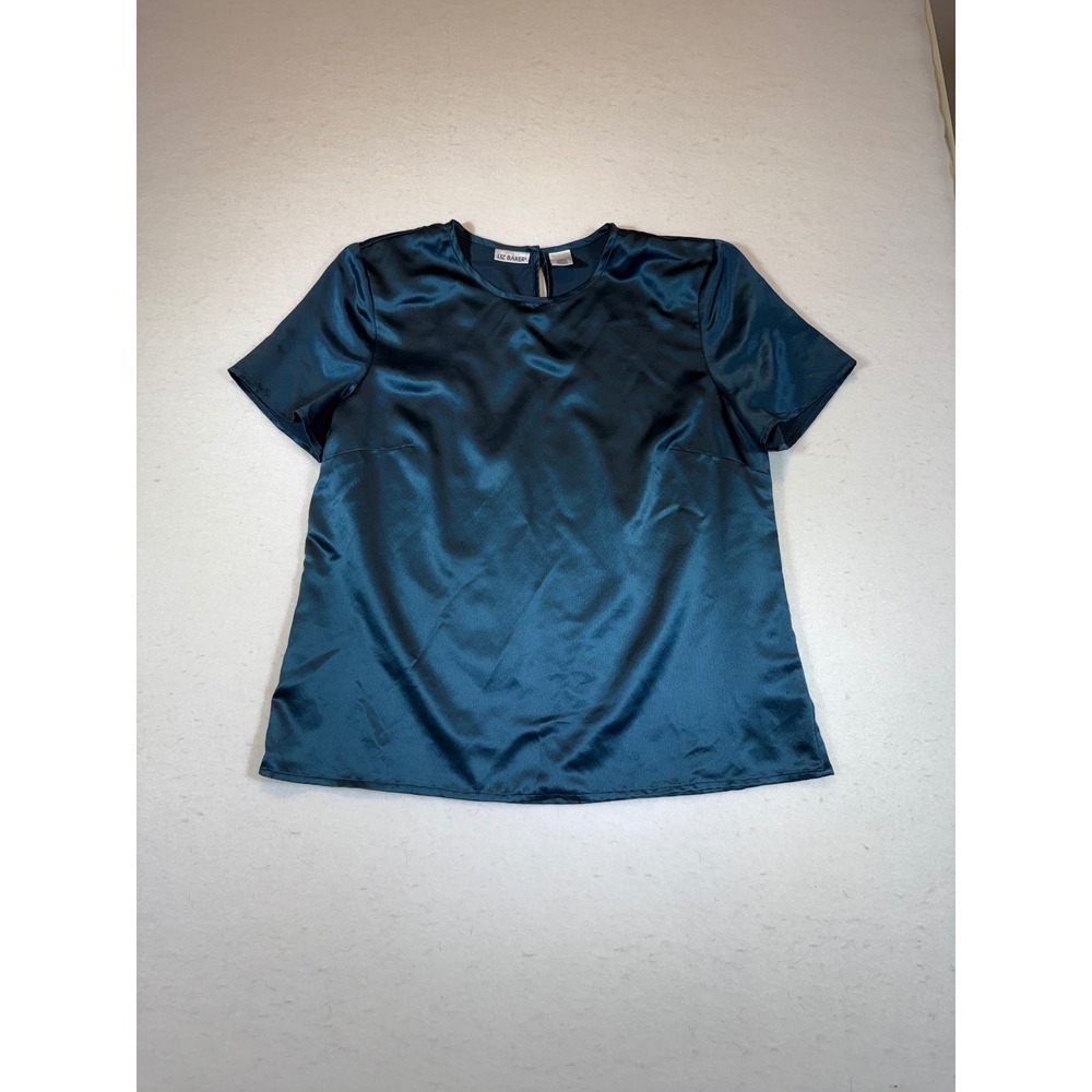 Liz Baker Teal Satin Short Sleeve Keyhole Neck Blouse Top Women's Size 14